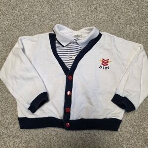 Vintage Baby Dior Infant Cardigan Sweater White Navy Red Snap 24M Logo Nautical